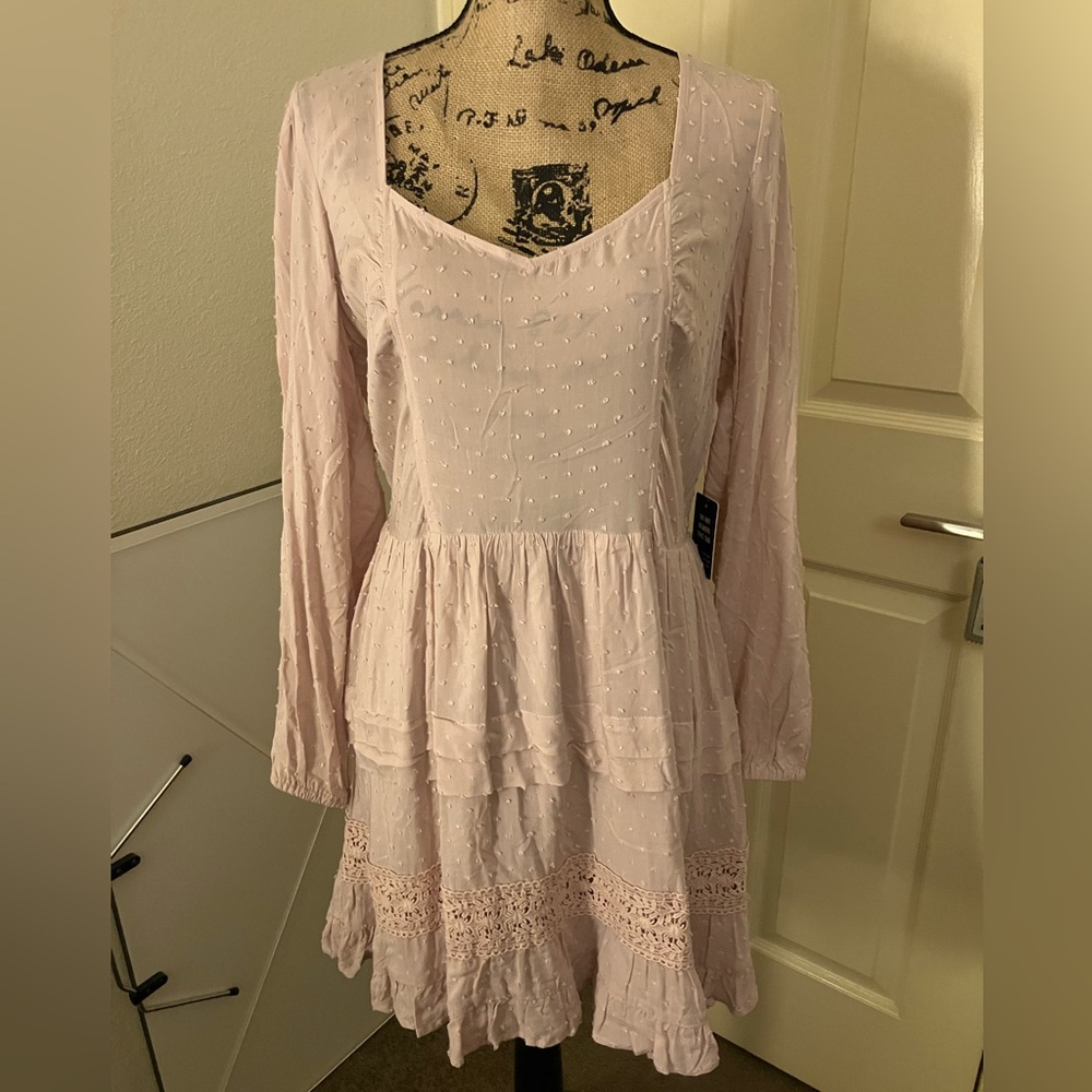 Express Barbie cottage core beige pink ruffle Swiss dot dress large L